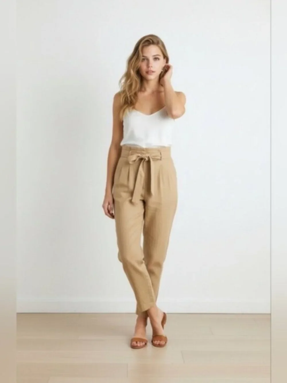 Calvin Klein SZ 4 Tan Belted Paper Bag Pleated Linen Blend Pant Baggy Tapered